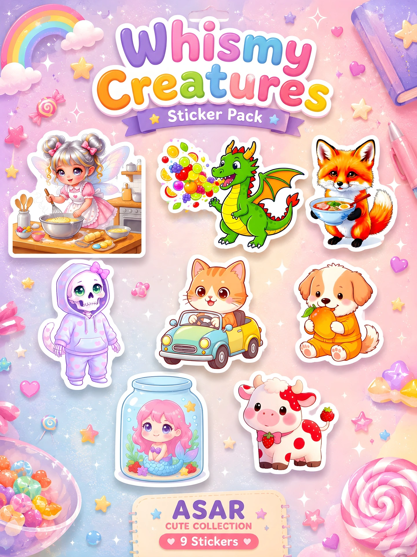 Whimsy Creatures - Deluxe 8 - Piece Kawaii Sticker Pack