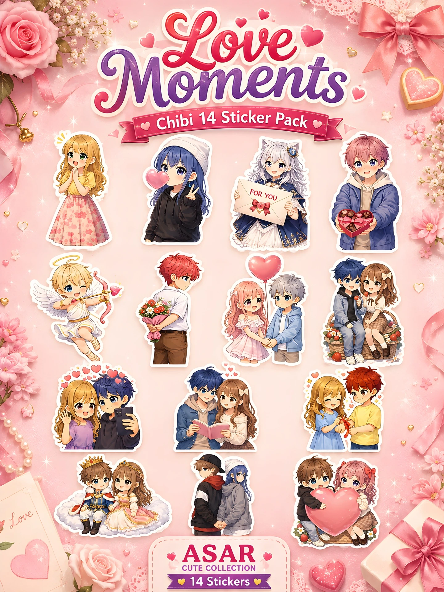 Love Moments Chibi Sticker Pack – 14 Cute Romantic Stickers