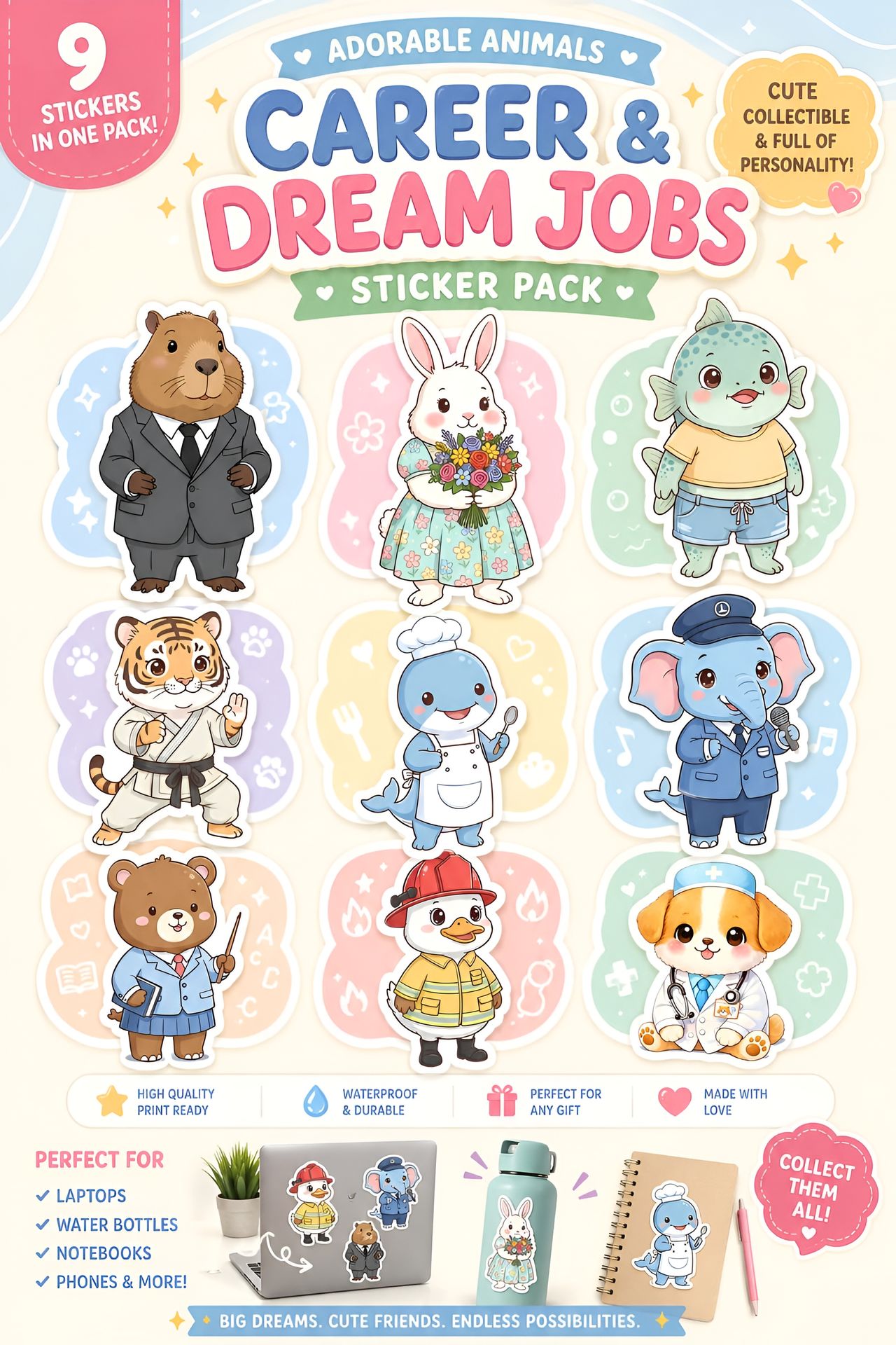 Cute Career Animals Sticker Pack - Waterproof Vinyl (9PCS)