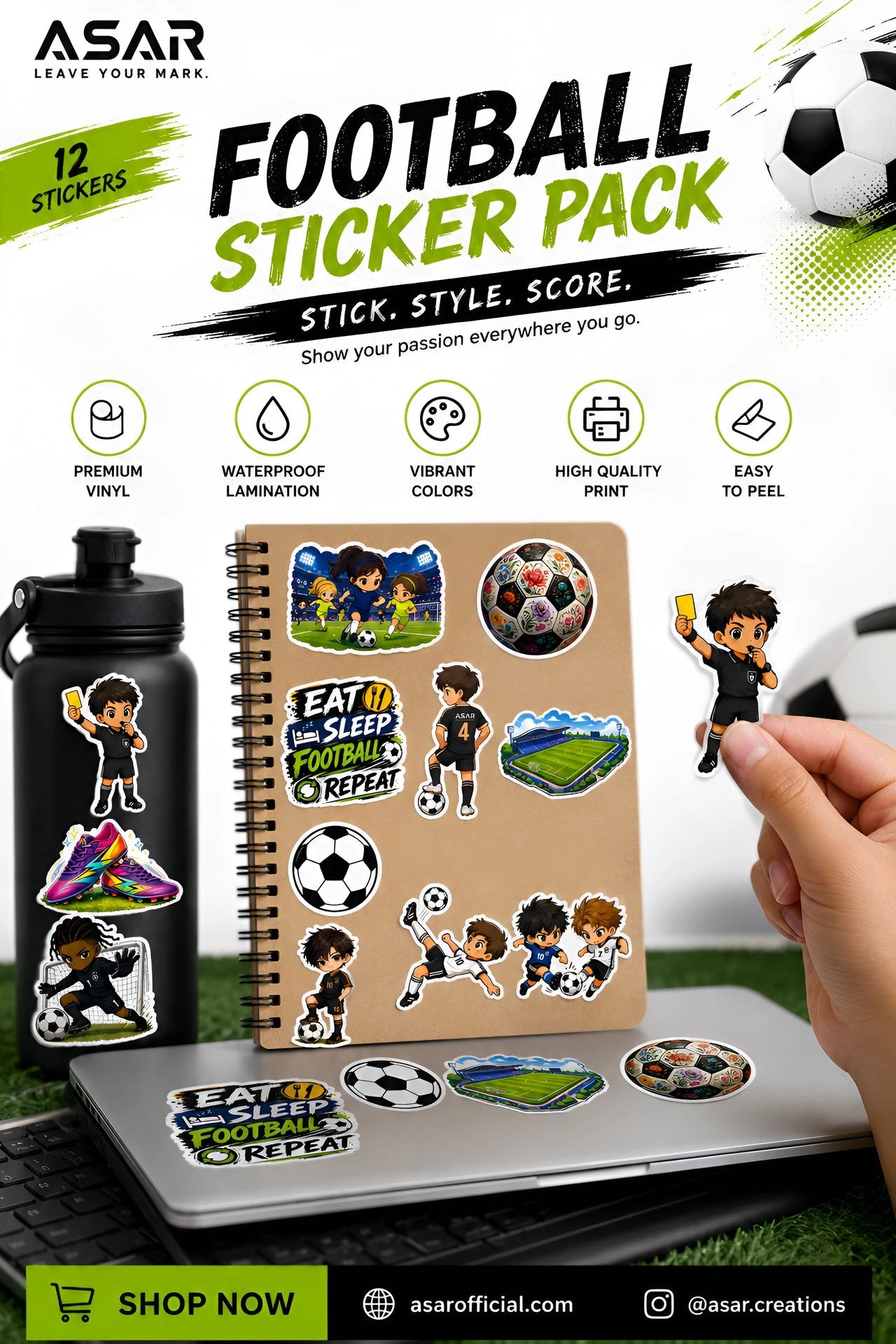 Football Sticker Pack | 12 Premium Waterproof Vinyl Stickers | ASAR