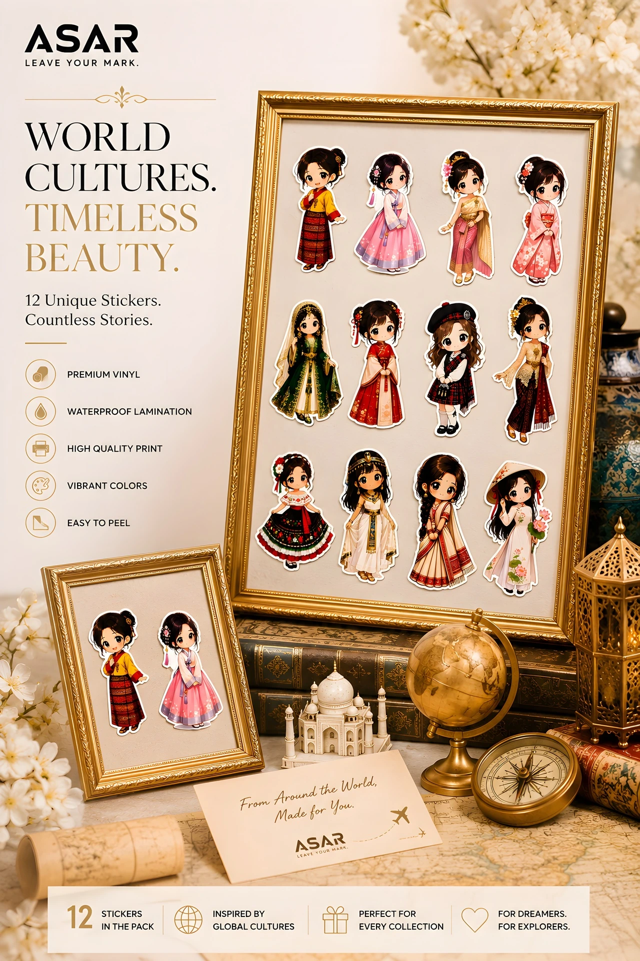 Traditional World Dresses Sticker Pack | 12 Premium Chibi Culture Vinyl Stickers