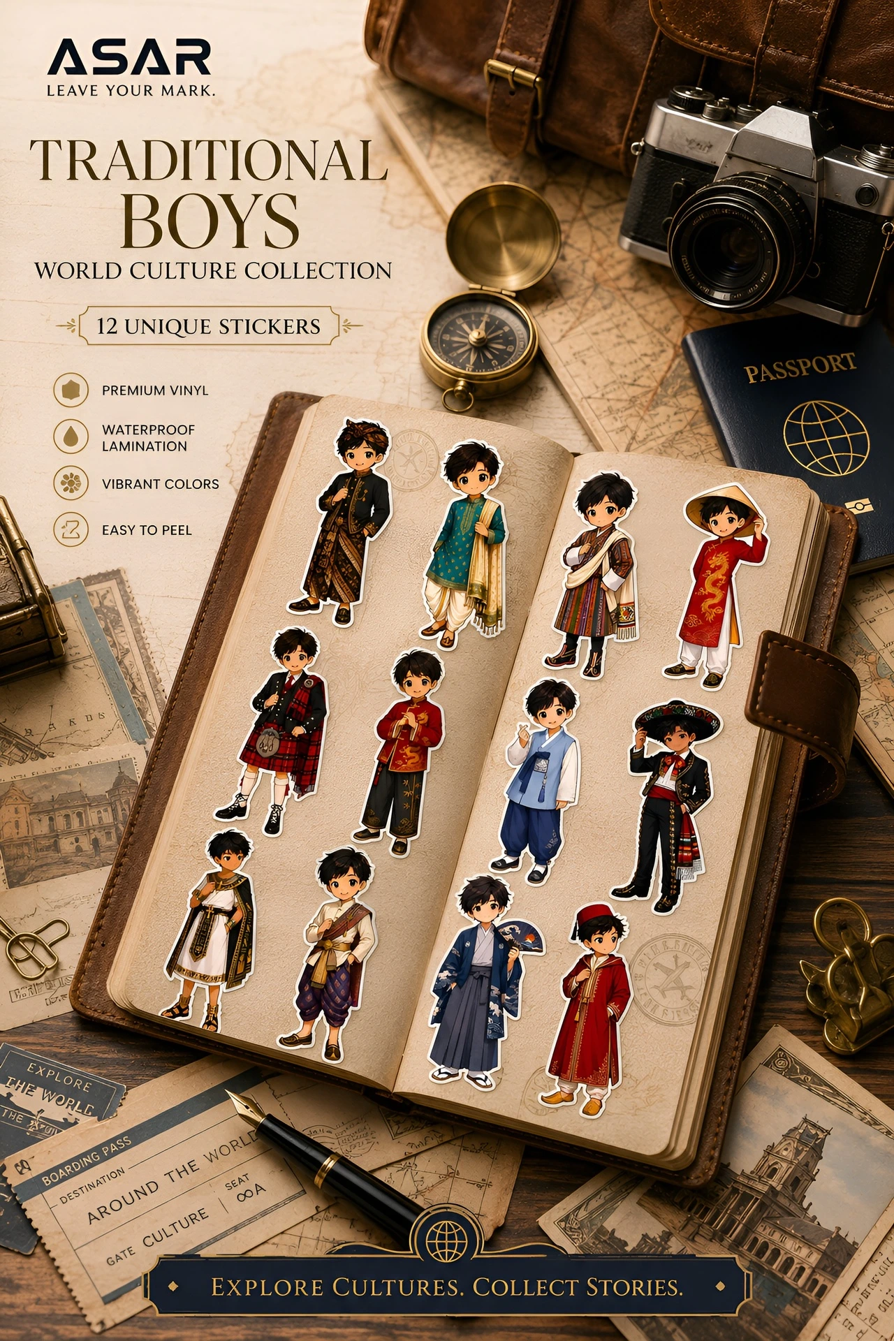 Traditional World Boys Sticker Pack | 12 Premium Chibi Culture Vinyl Stickers