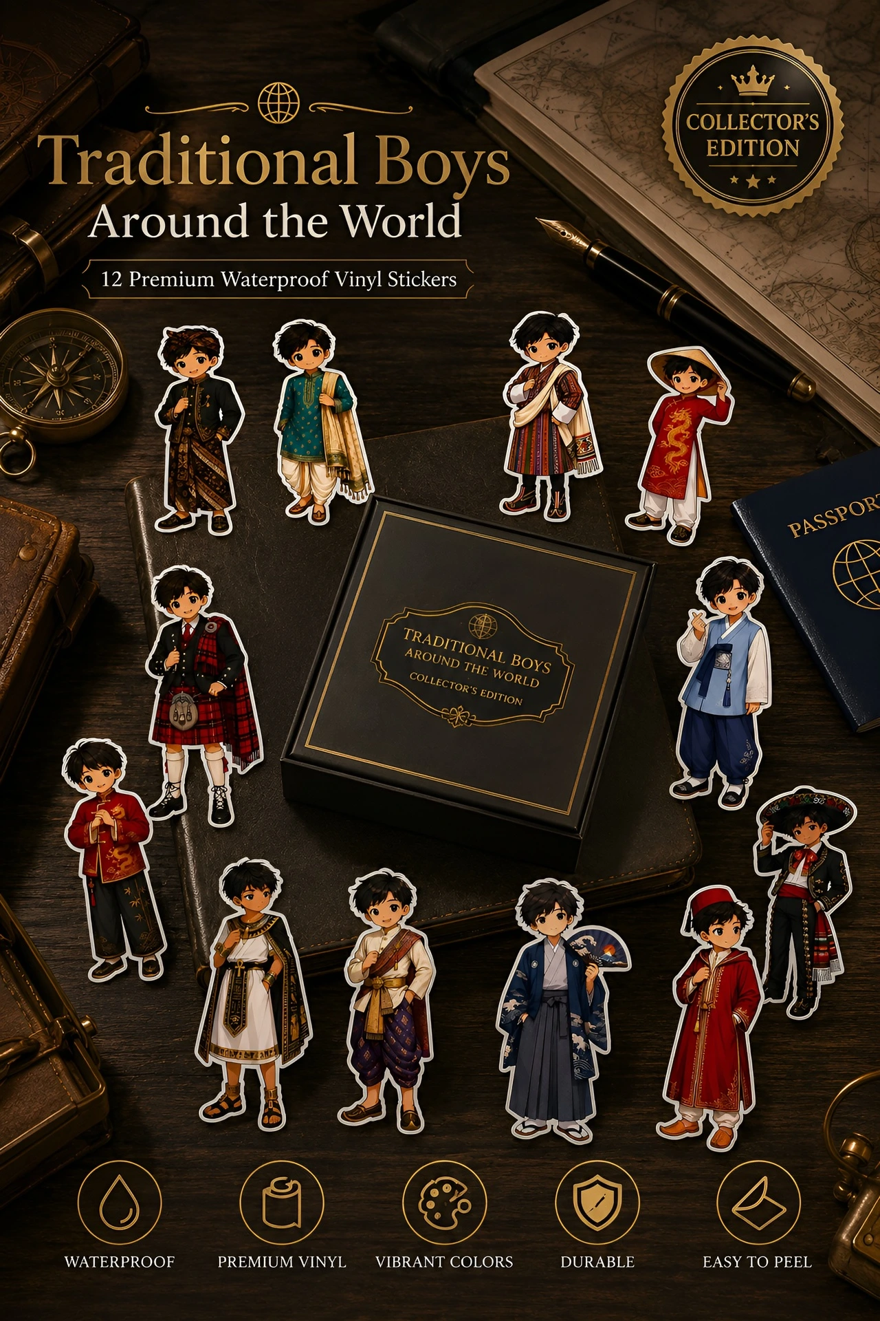 Traditional World Boys Sticker Pack | 12 Premium Chibi Culture Vinyl Stickers