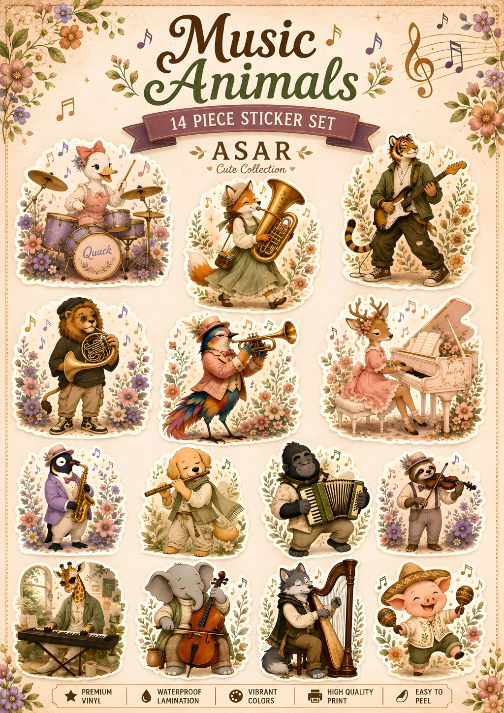 Music Animals Premium Vinyl Sticker Pack (14 Stickers)