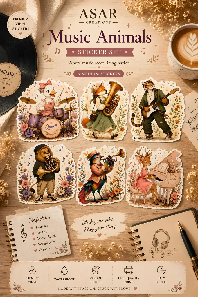 Music Animals Premium Vinyl Sticker Pack (14 Stickers)