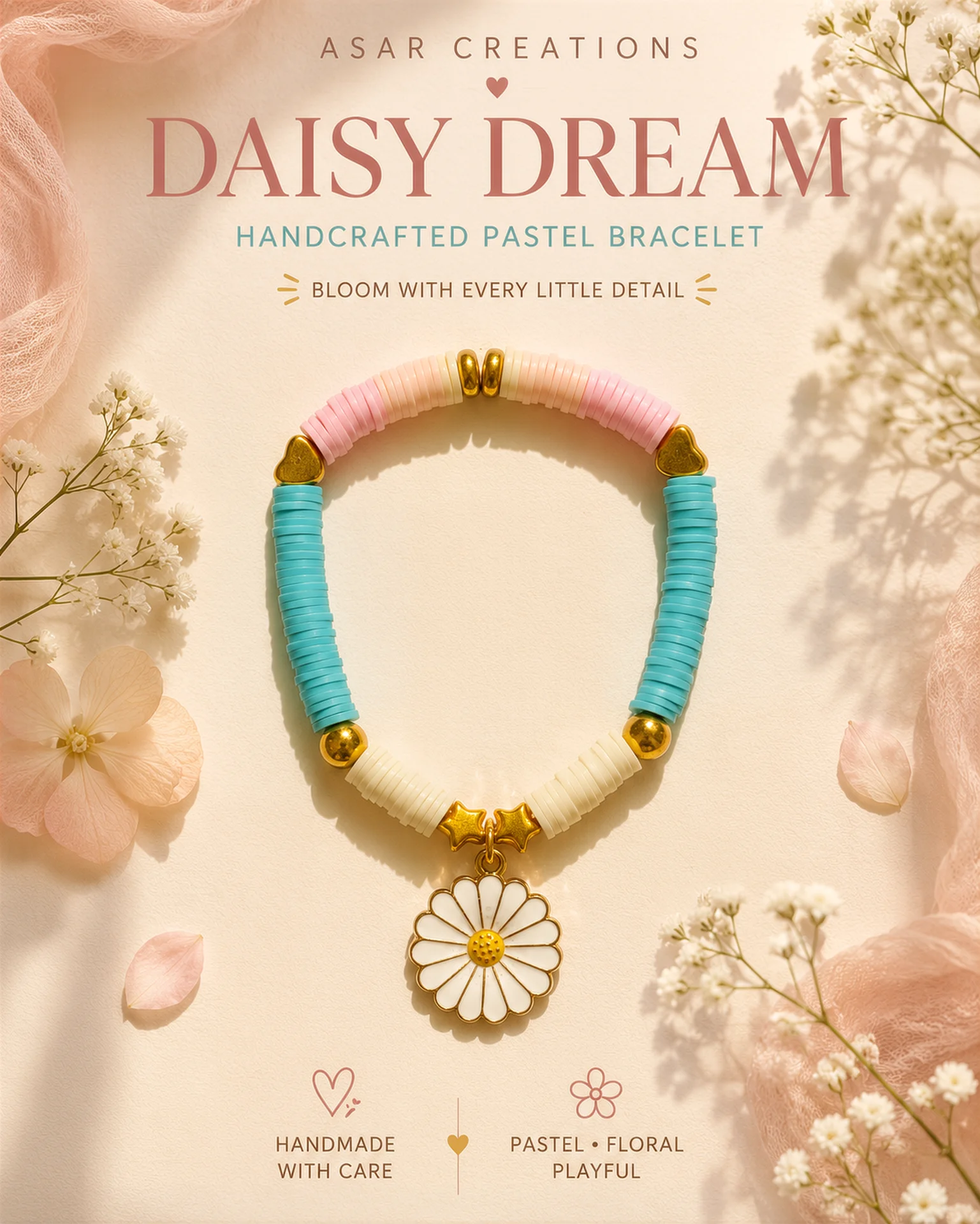 💕 HEART & DAISY DUO — 2 Handmade Bracelets