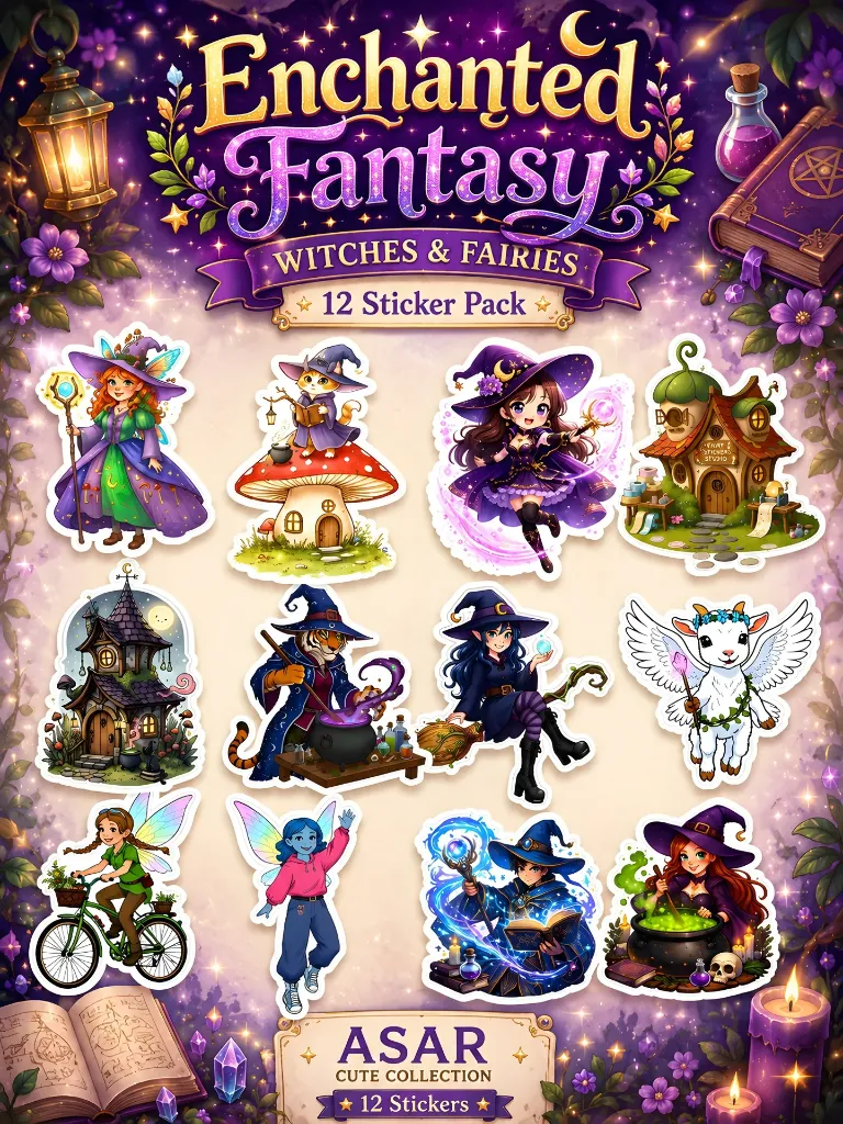 Enchanted Fantasy Witches and Fairies - 12 Premium Sticker Pack