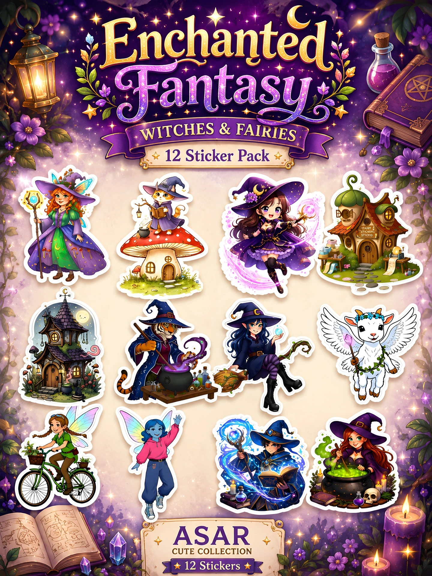 Enchanted Fantasy Witches and Fairies - 12 Premium Sticker Pack