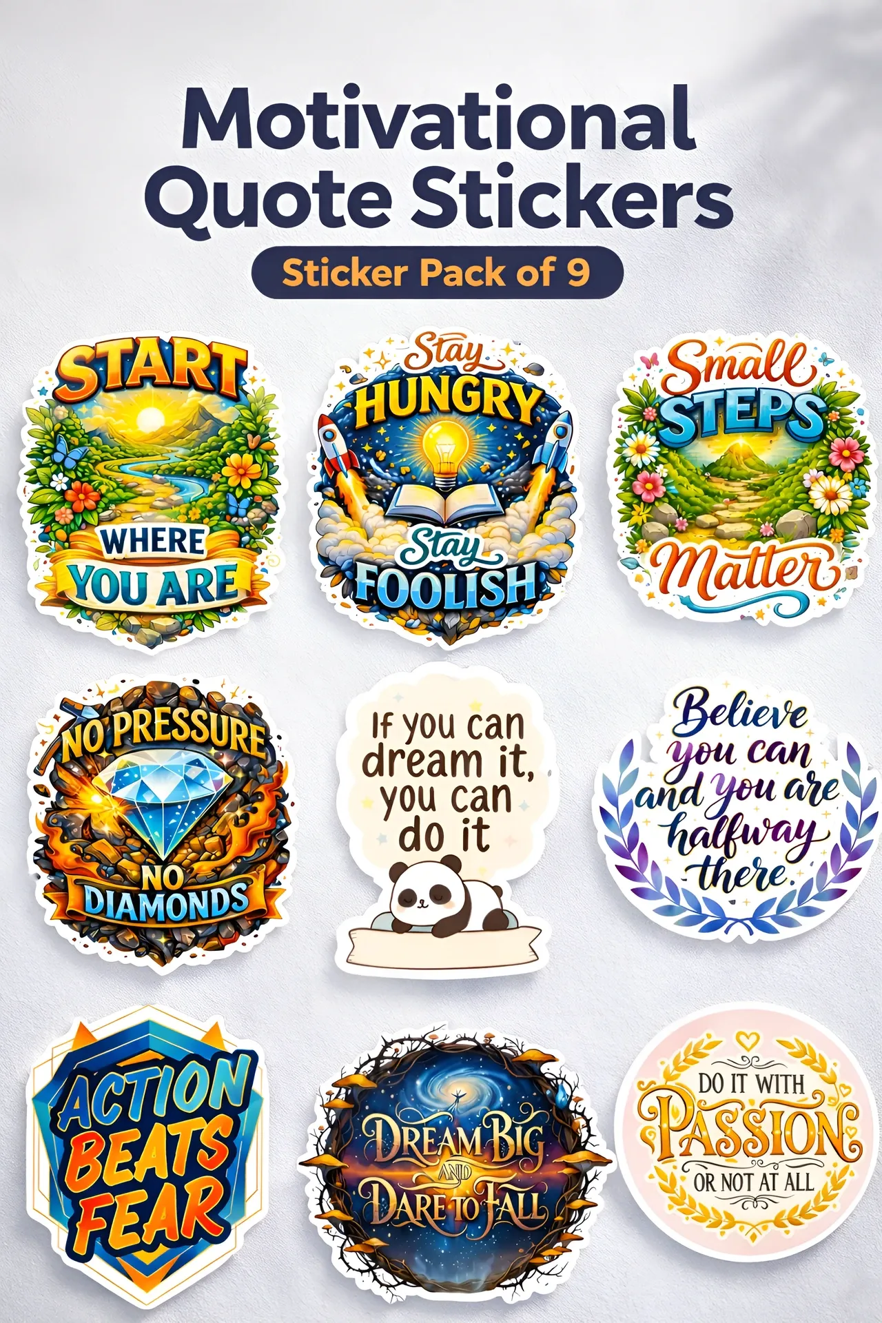 Dream. Act. Achieve. - Motivation Sticker Pack (9 Stickers)