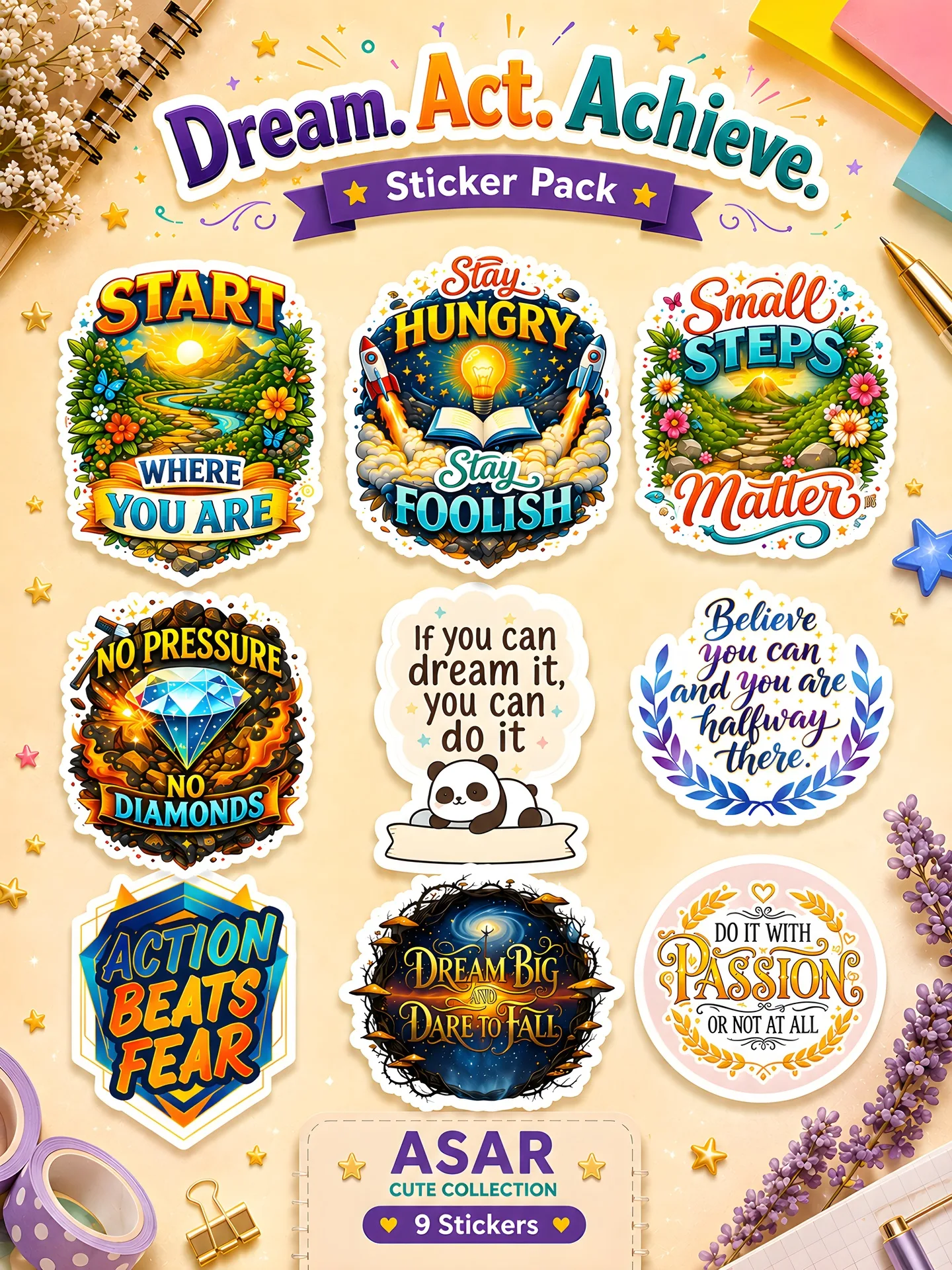 Dream. Act. Achieve. - Motivation Sticker Pack (9 Stickers)