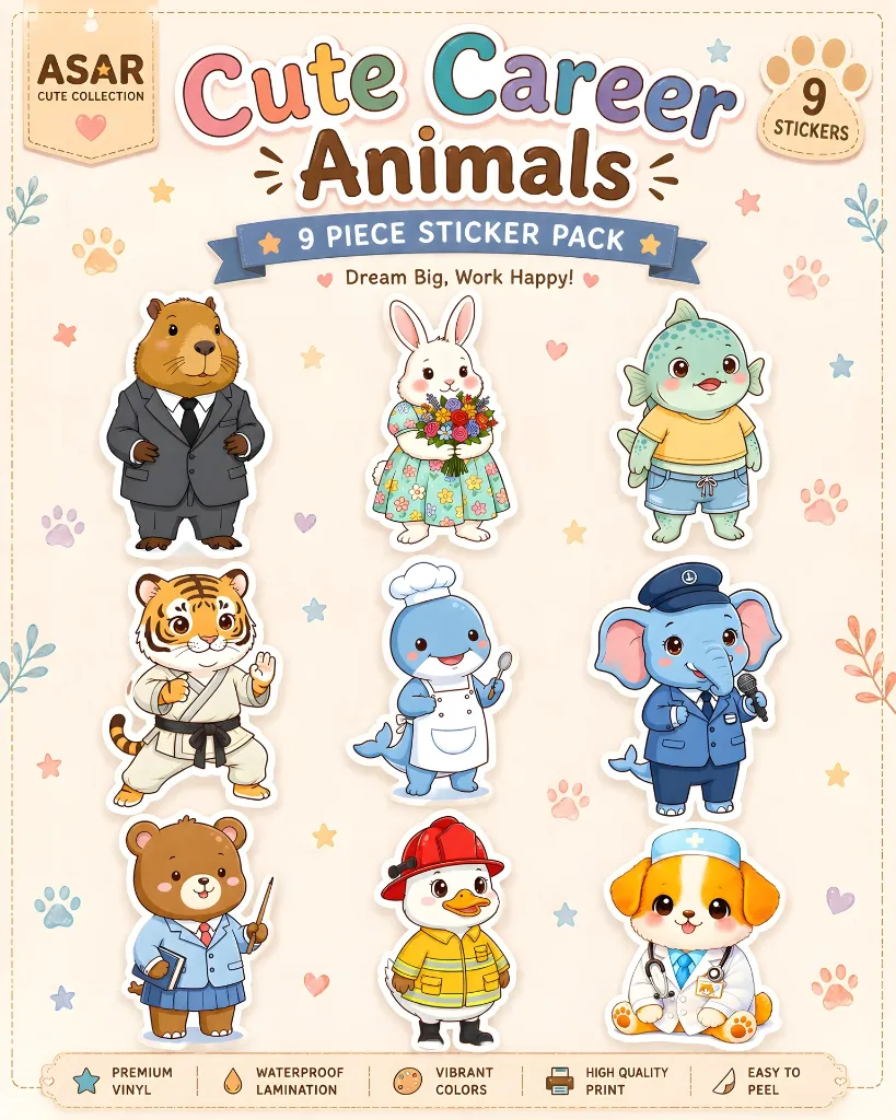 Cute Career Animals Sticker Pack - Waterproof Vinyl (9PCS)