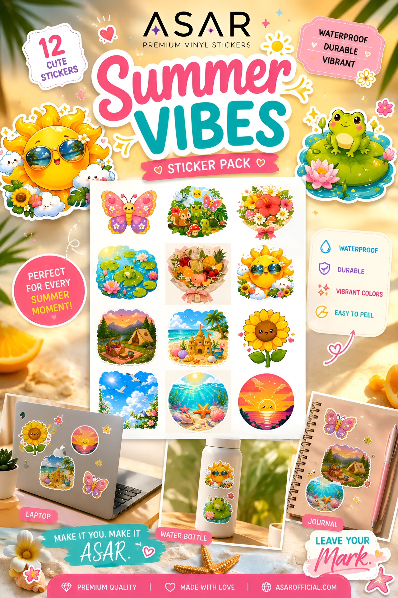 Summer Vibes Sticker Pack | 12 Premium Vinyl Stickers ☀️🌻