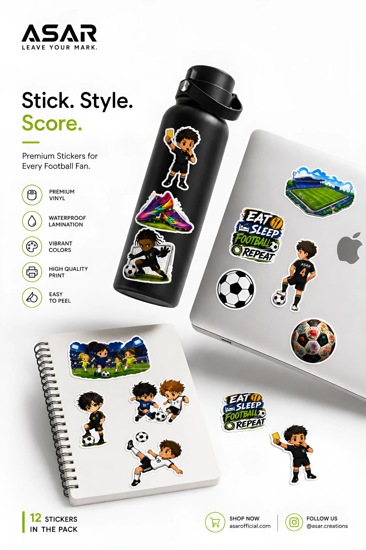 Football Sticker Pack | 12 Premium Waterproof Vinyl Stickers | ASAR