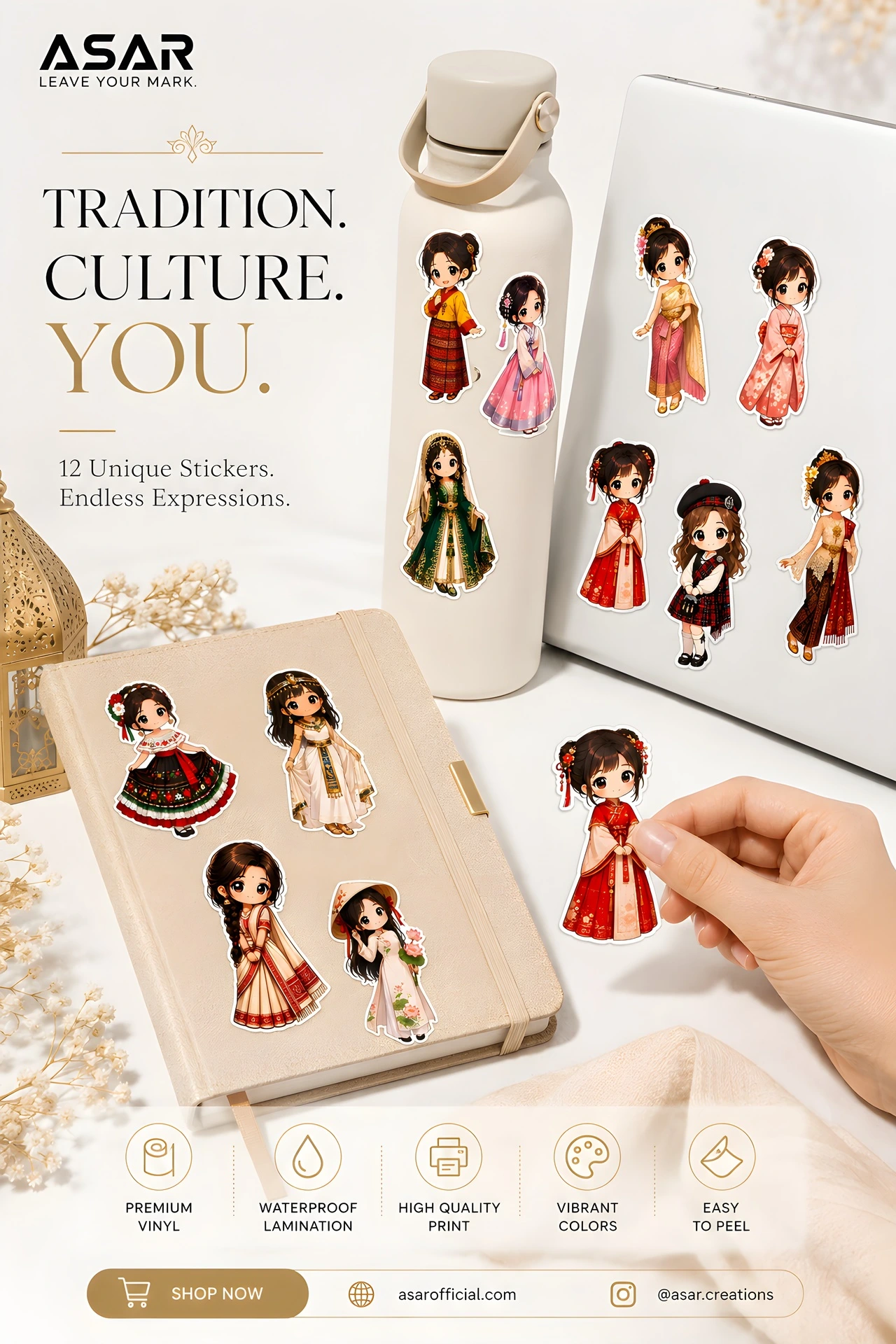 Traditional World Dresses Sticker Pack | 12 Premium Chibi Culture Vinyl Stickers