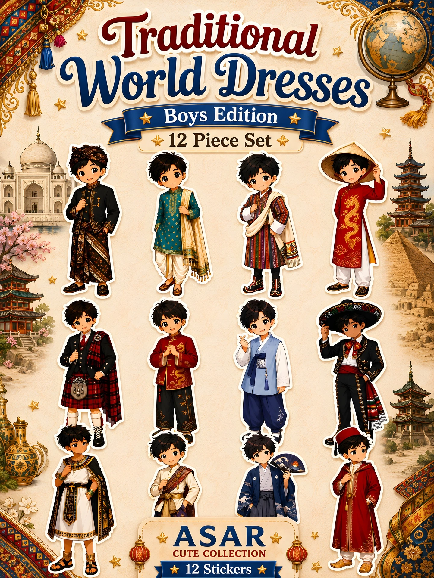 Traditional World Boys Sticker Pack | 12 Premium Chibi Culture Vinyl Stickers