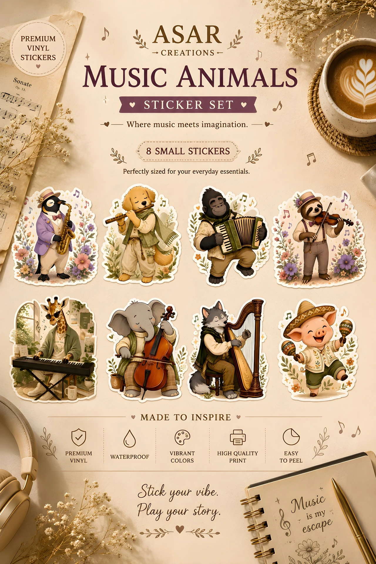 Music Animals Premium Vinyl Sticker Pack (14 Stickers)