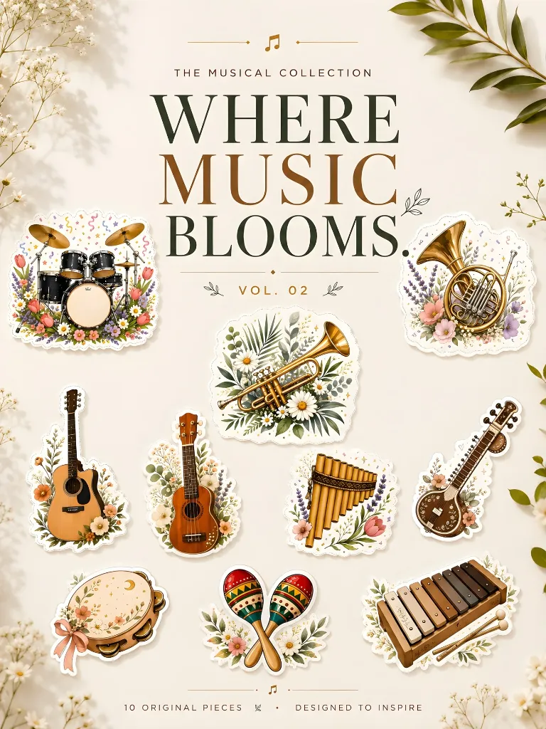 The Musical Collection – Vol. 02 | 10 Premium Floral Vinyl Stickers