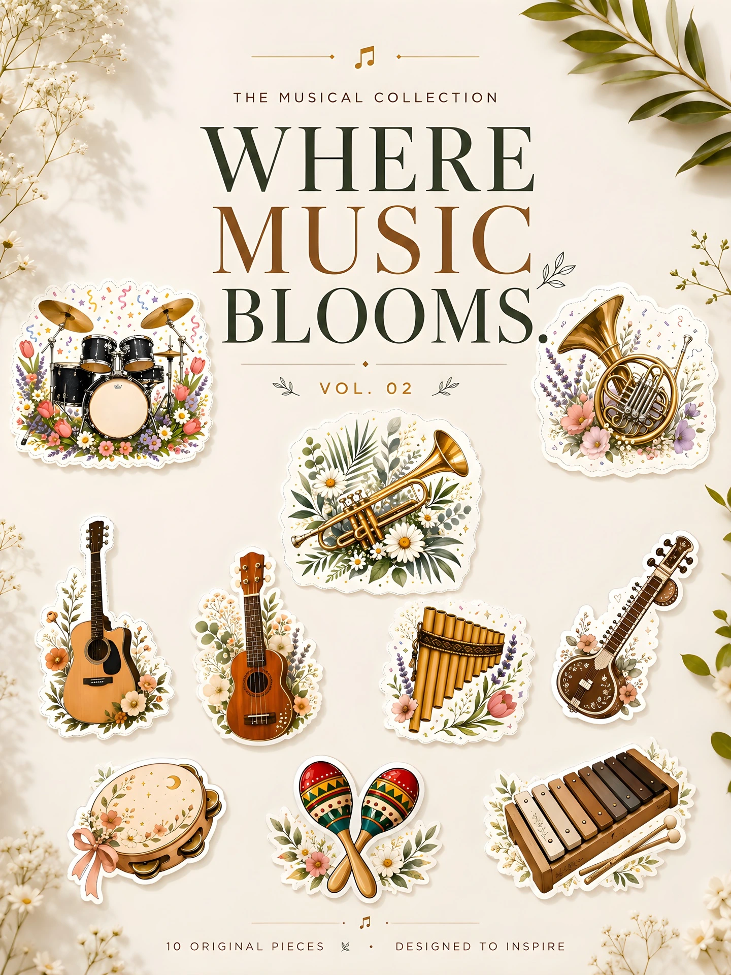 The Musical Collection – Vol. 02 | 10 Premium Floral Vinyl Stickers