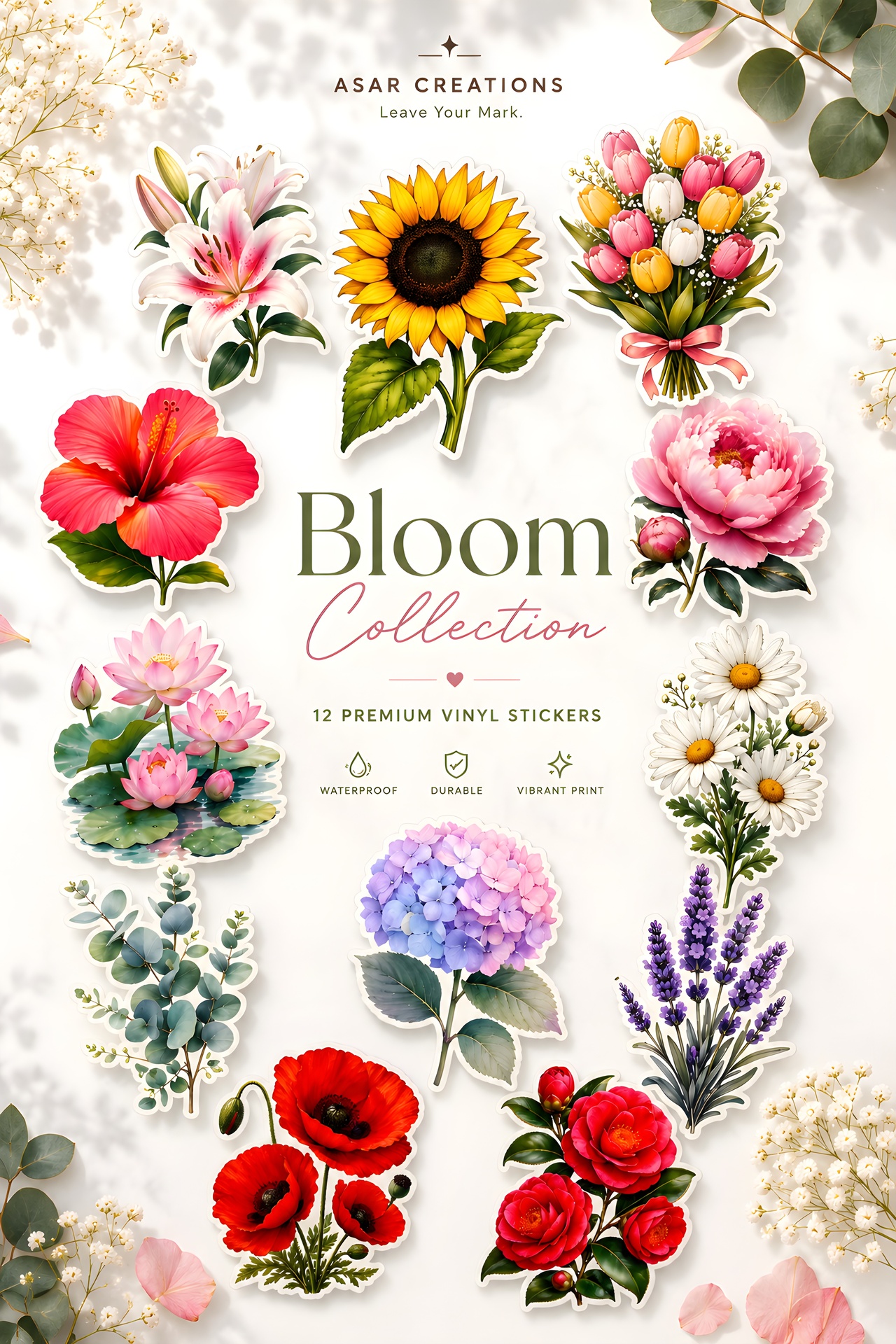 Bloom Collection™ – 12 Premium Botanical Vinyl Stickers