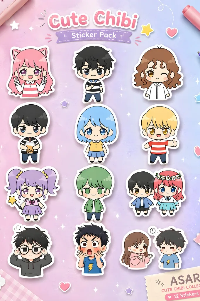 Kawaii Chibi Anime Sticker Pack - Premium 12pc set
