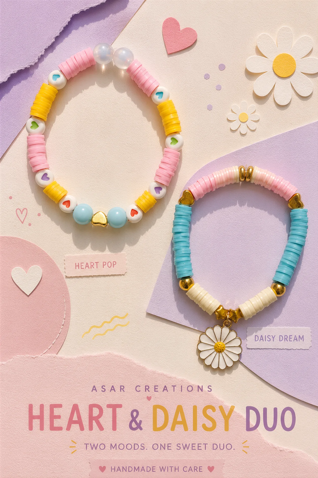💕 HEART & DAISY DUO — 2 Handmade Bracelets