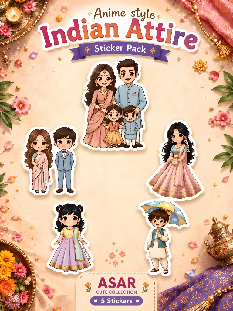 Anime Style Indian Attire Sticker Pack – Premium 5 Character Set | Cute Traditional Chibi Stickers for Journals, Gifting & Decor