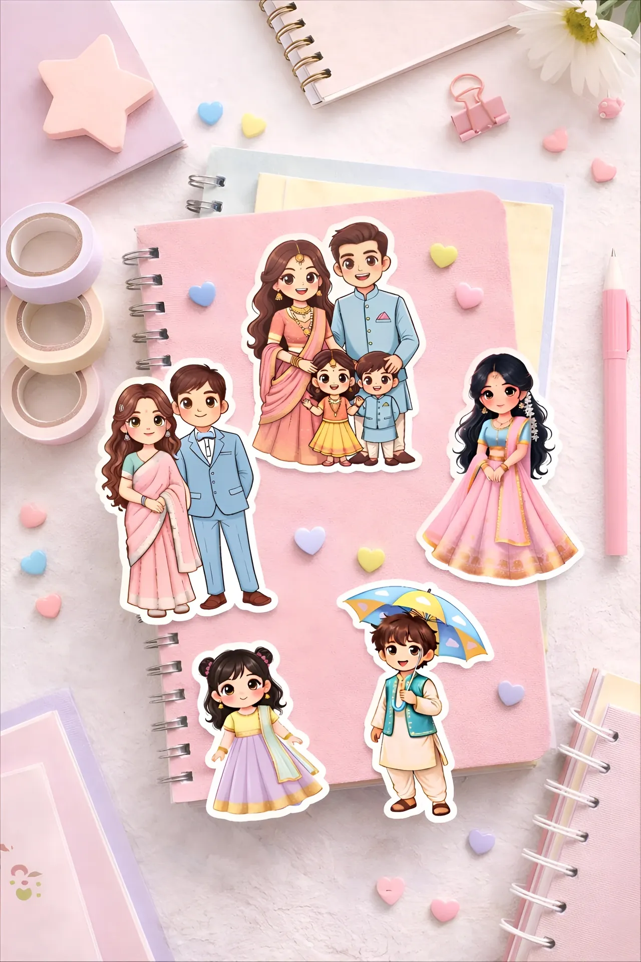 Anime Style Indian Attire Sticker Pack – Premium 5 Character Set | Cute Traditional Chibi Stickers for Journals, Gifting & Decor