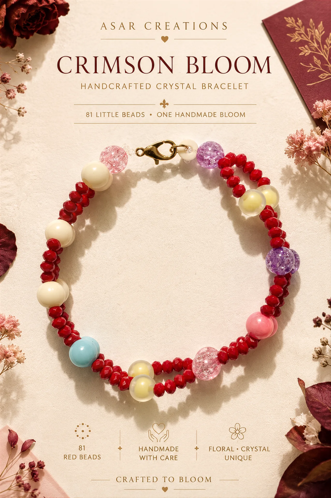 ❤️ CRIMSON BLOOM — Double-Strand Handmade Bracelet
