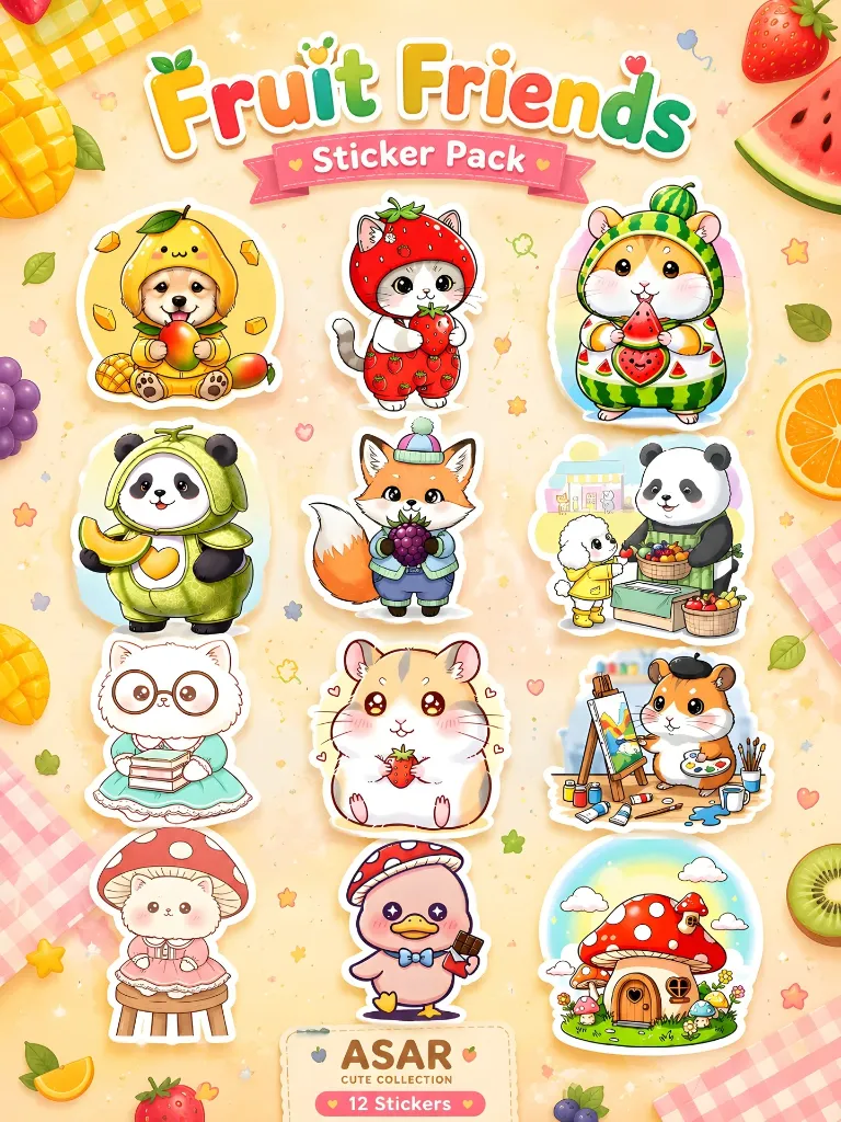 Fruit Friends - 12PCS Premium Animal Sticker pack