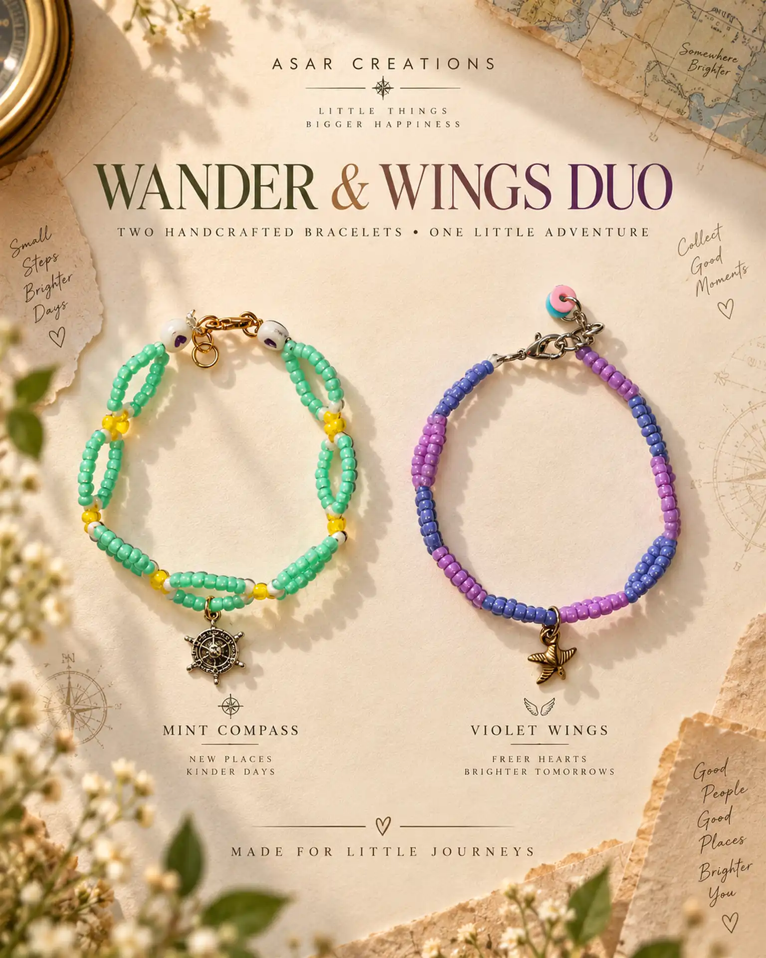Wander & Wings Duo – Handmade Stretchable Bracelets