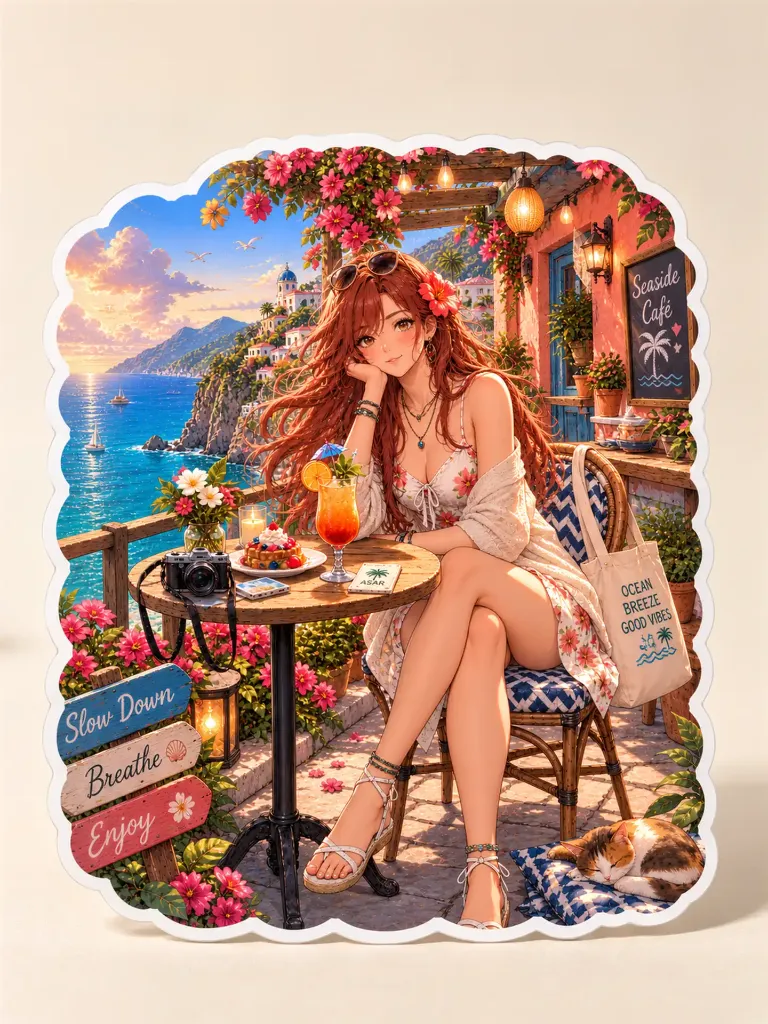 Seaside Café Girl — 8+ Cm Premium Waterproof Sticker