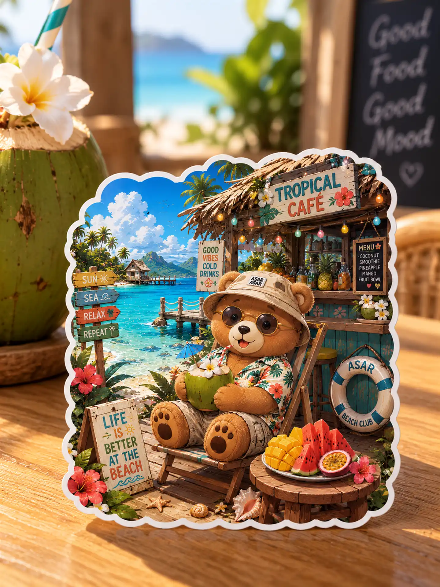 Tropical Café Bear — 8+ cm Premium Waterproof Sticker