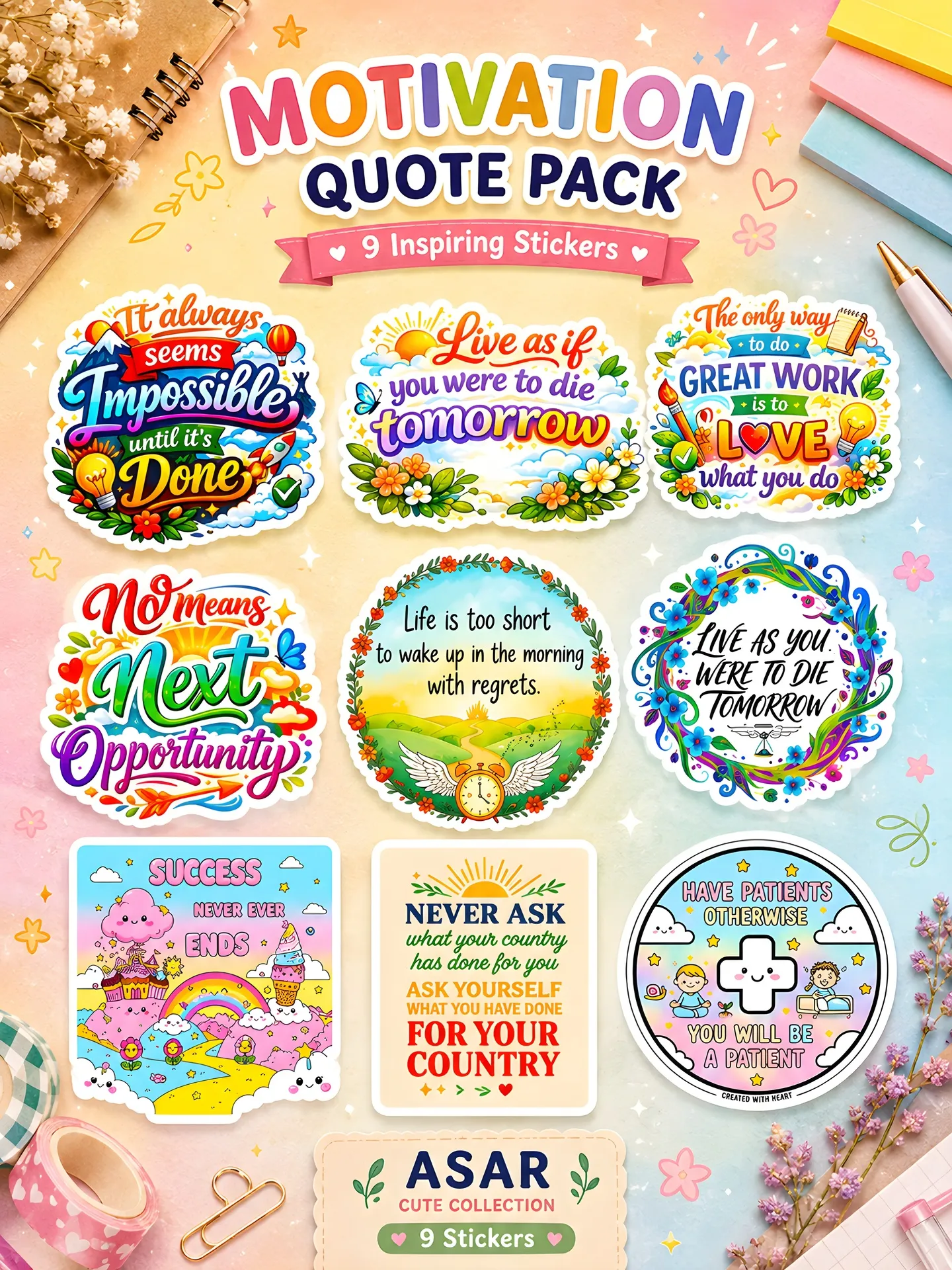 9 PCS Motivational Quote Sticker Pack