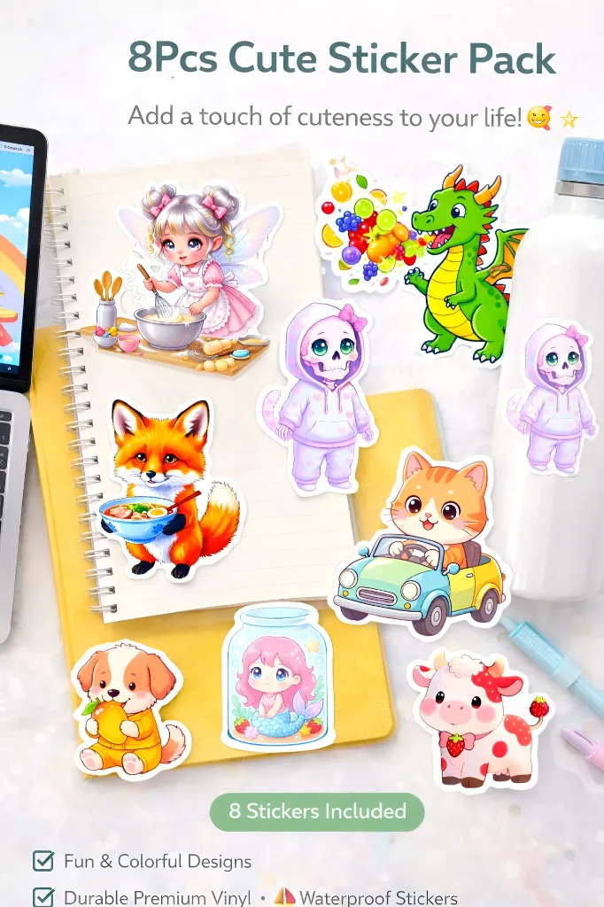 Whimsy Creatures - Deluxe 8 - Piece Kawaii Sticker Pack
